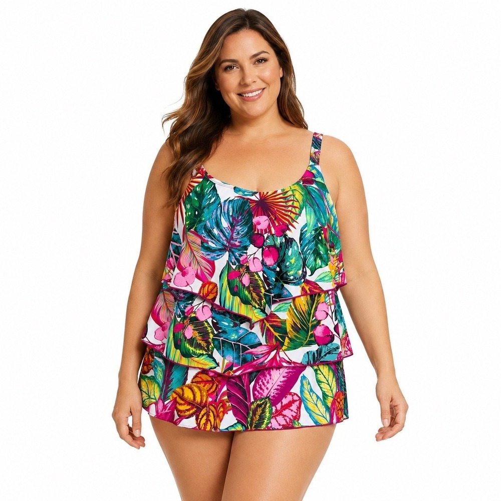 Susan Graver Swimsuit Top Size 26W Tankini Floral Tiered Ruffle Vacay Beach Plus